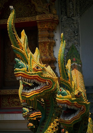 Naga at the front door<br>Chiang Mai, Thailand: Various Chiang Mai Wats, Chiang Mai, Thailand
: Statues; Temples.