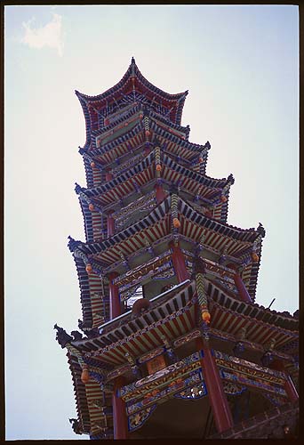 A minaret :: Yes, a minaret.: Linxia to Lanzhou, Gansu, People's Republic of China
: Buildings; Temples.