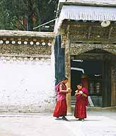 Two young monks delivering yak butter candles.